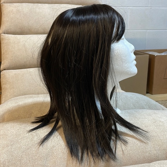 NWT 16-17”natural black brown hint straight blended human mix topper round bangs - Picture 5 of 16